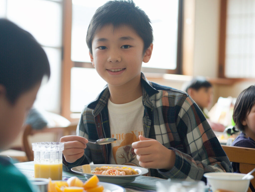 朝ご飯を食べる中学生