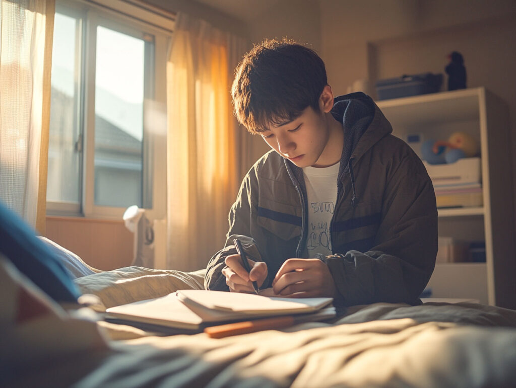 暗くなる前に勉強を始める学生