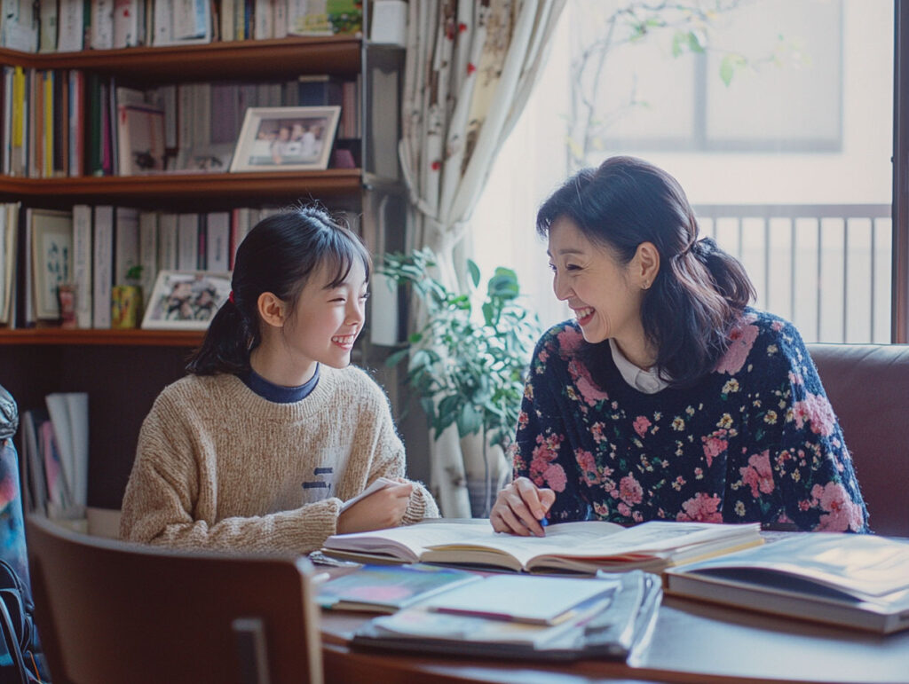 笑顔で振り返りを行う親子