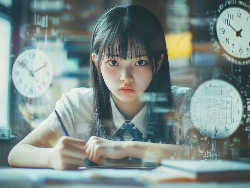 自宅で勉強を続ける女子中学生