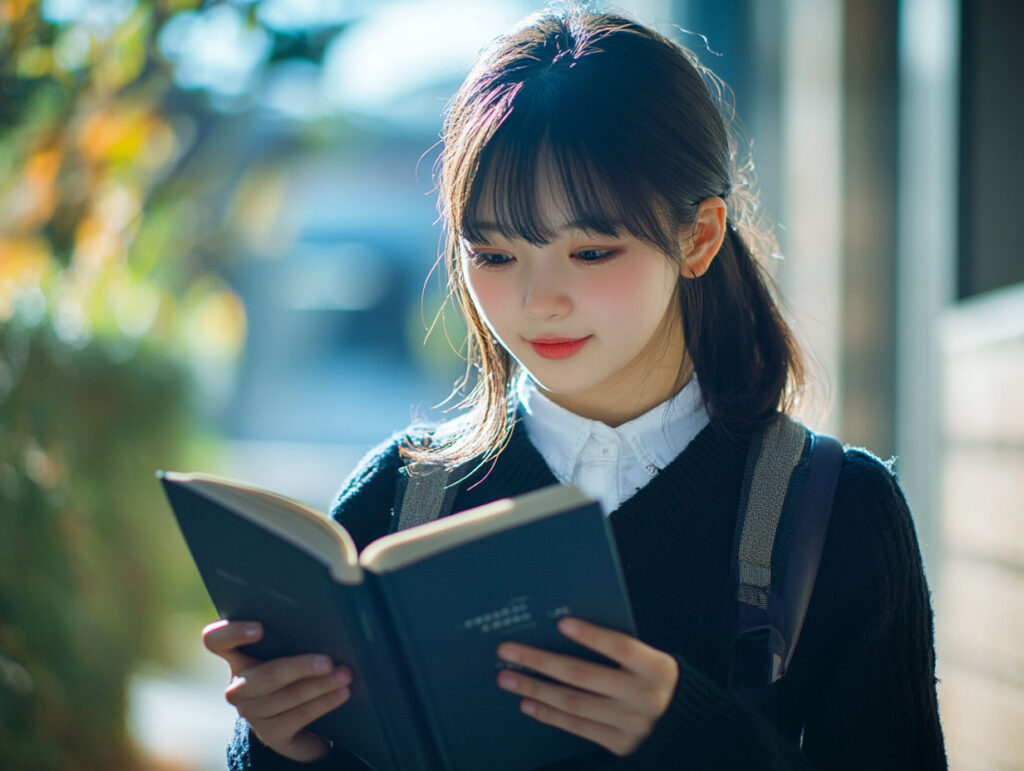 英語のテキストを音読する女子学生