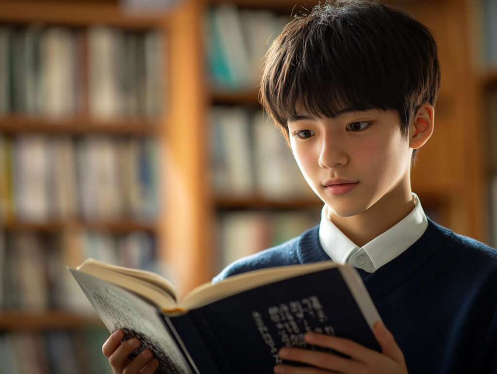 英語の教科書を見る中学生