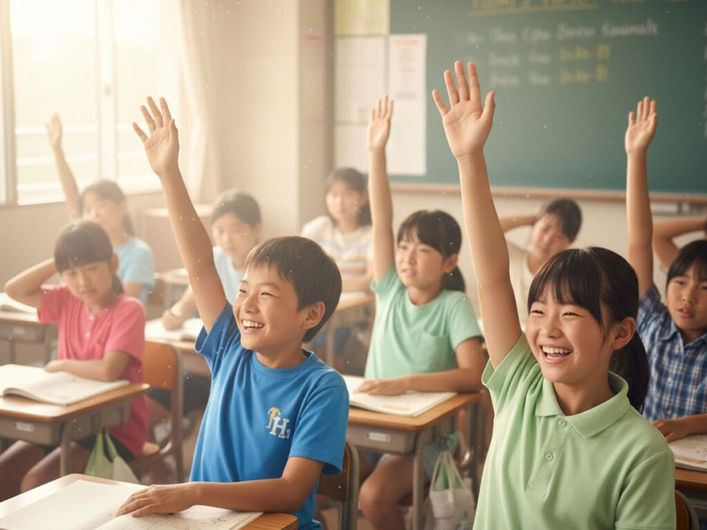 英語の授業で手を上げる小学生たち