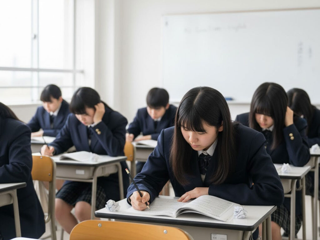 大学入試で英語の小論文の試験に挑む高校生