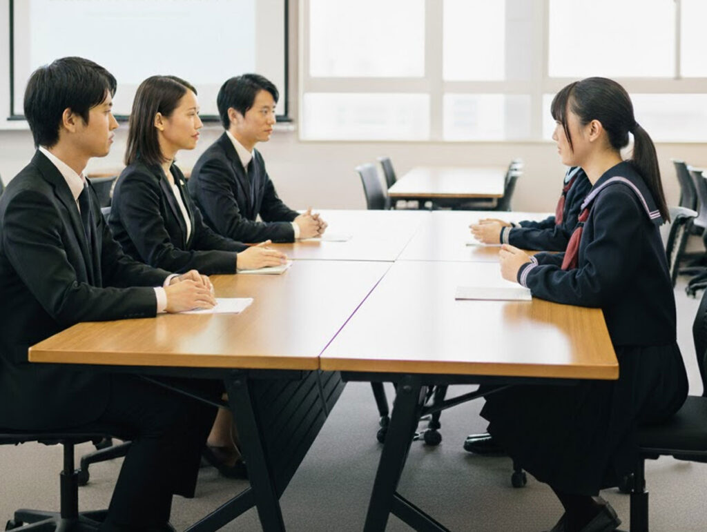 大学入試での英語面接を行う女子高校生