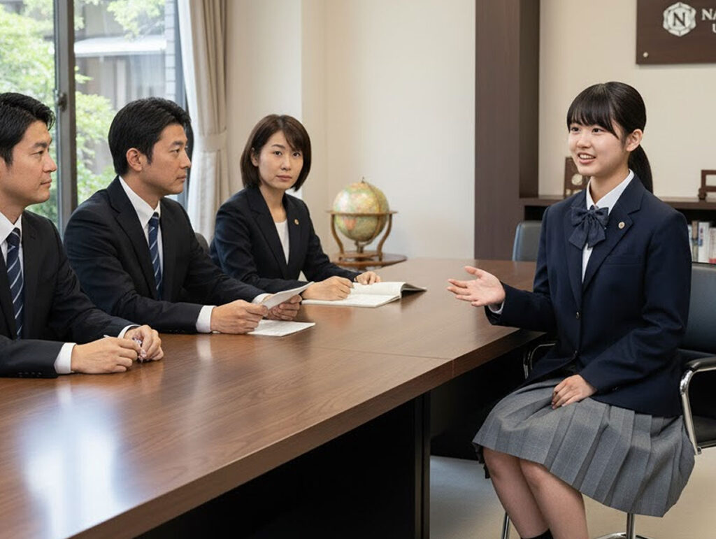 アイコンタクトやジェスチャーを交えて面接に挑む女子高校生